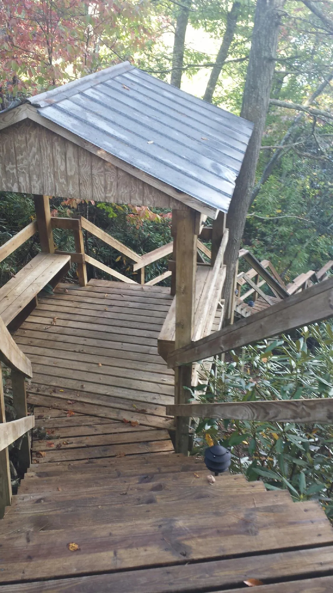 Metal roofed shelter over wooden steps on a wooded walkway — Skylight Repair & Installation work by our crew in Clearfield